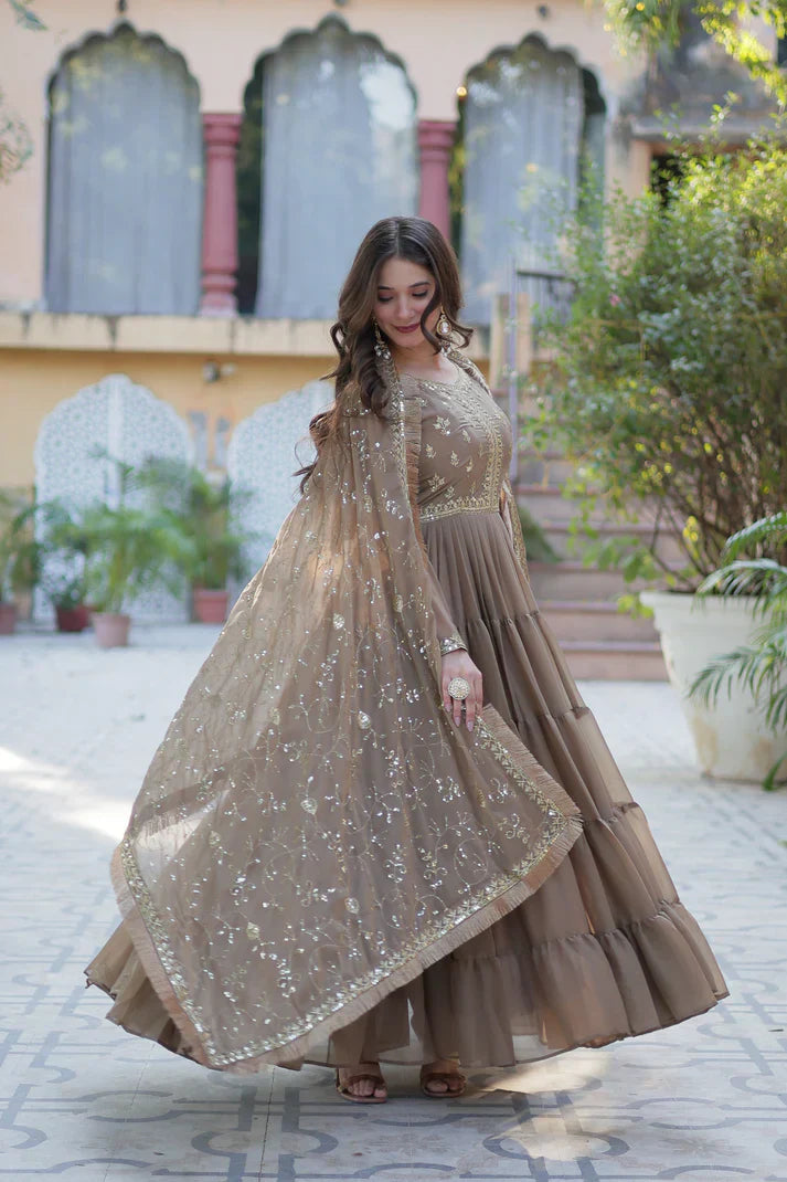 WEDDING SPECIAL STAR GEORGETTE ZARI SEQUINS EMBROIDERED GOWN WITH DUPATTA PFAB156) (03)