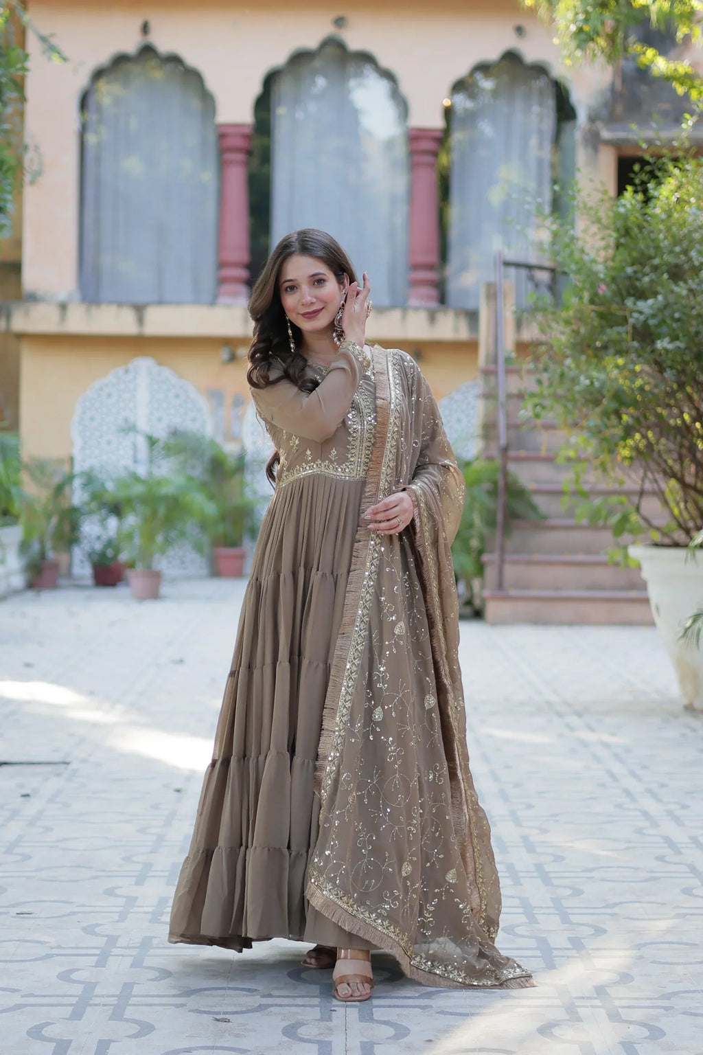 WEDDING SPECIAL STAR GEORGETTE ZARI SEQUINS EMBROIDERED GOWN WITH DUPATTA PFAB156) (03)