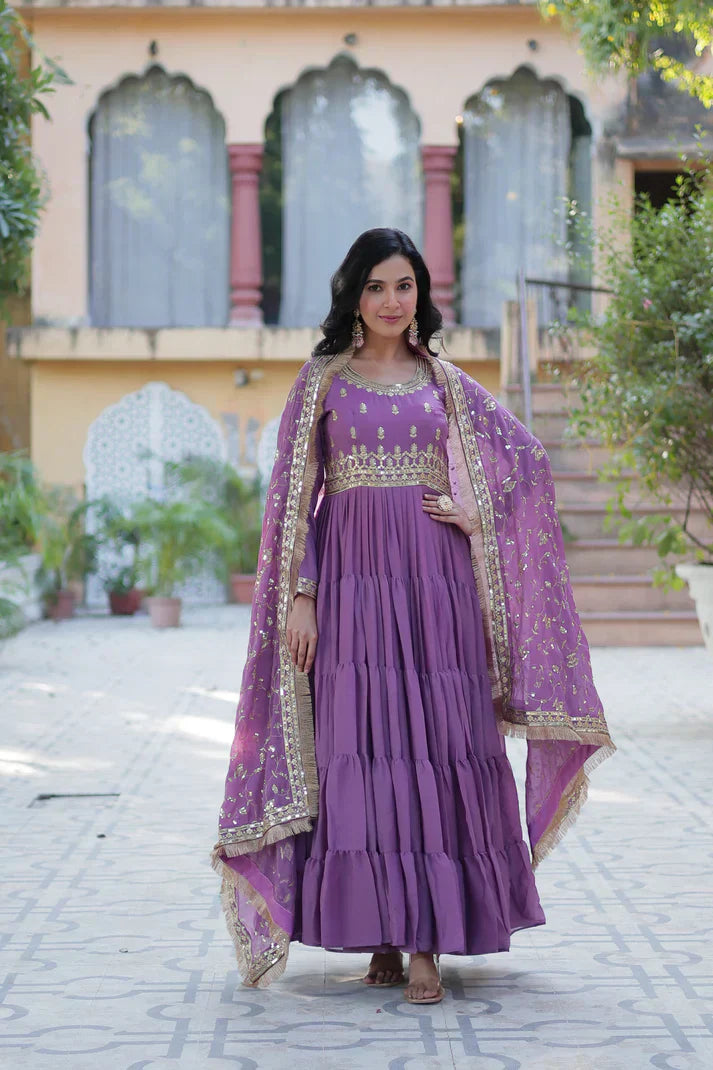 WEDDING SPECIAL STAR GEORGETTE ZARI SEQUINS EMBROIDERED GOWN WITH DUPATTA PFAB156)