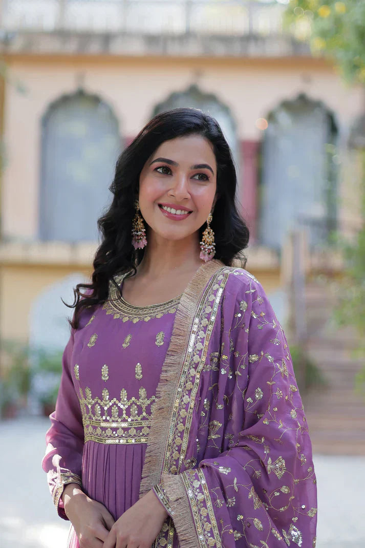 WEDDING SPECIAL STAR GEORGETTE ZARI SEQUINS EMBROIDERED GOWN WITH DUPATTA PFAB156)