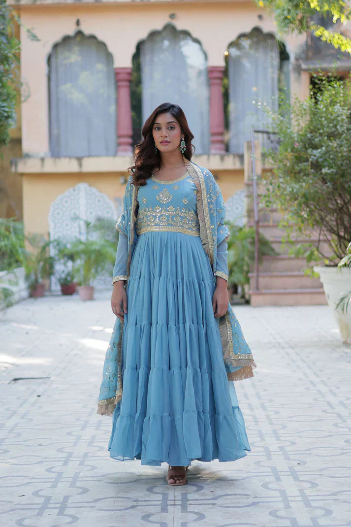 WEDDING SPECIAL STAR GEORGETTE ZARI SEQUINS EMBROIDERED GOWN WITH DUPATTA PFAB1117) (02)