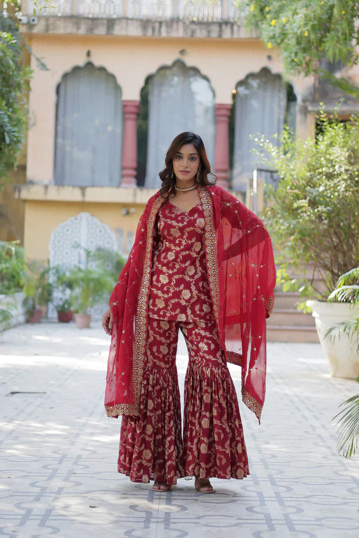 WEDDING SPECIAL VISCOSE GEORGETTE JACQUARD GHARARA SET WITH DUPATTAPFAB1120)