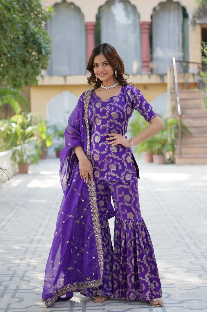 WEDDING SPECIAL VISCOSE GEORGETTE JACQUARD GHARARA SET WITH DUPATTAPFAB1120) (02)