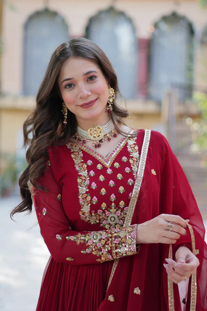 WEDDING SPECIAL BLOOMING GEORGETTE RICH SEQUANCE EMBROIDERED GOWN WITH DUPATTAPFAB108) (01)