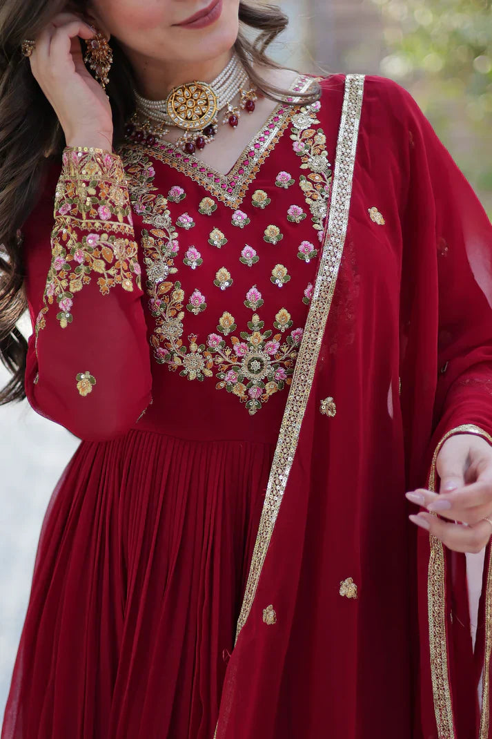 WEDDING SPECIAL BLOOMING GEORGETTE RICH SEQUANCE EMBROIDERED GOWN WITH DUPATTAPFAB108) (01)