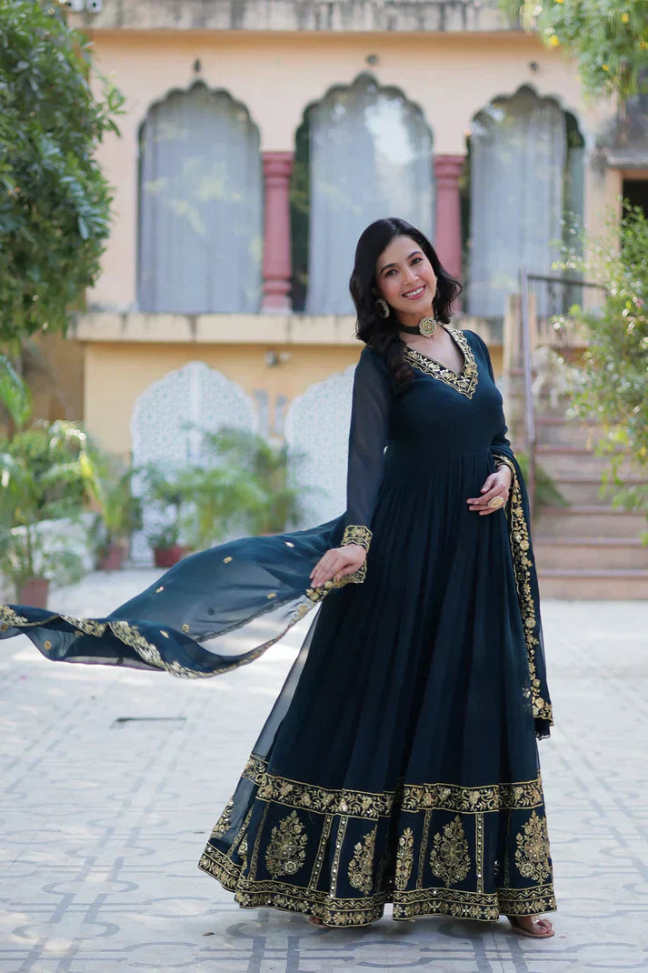 WEDDING SPECIAL FAUX BLOOMING GEORGETTE EMBROIDERED GOWN WITH DUPATTAPFAB159)