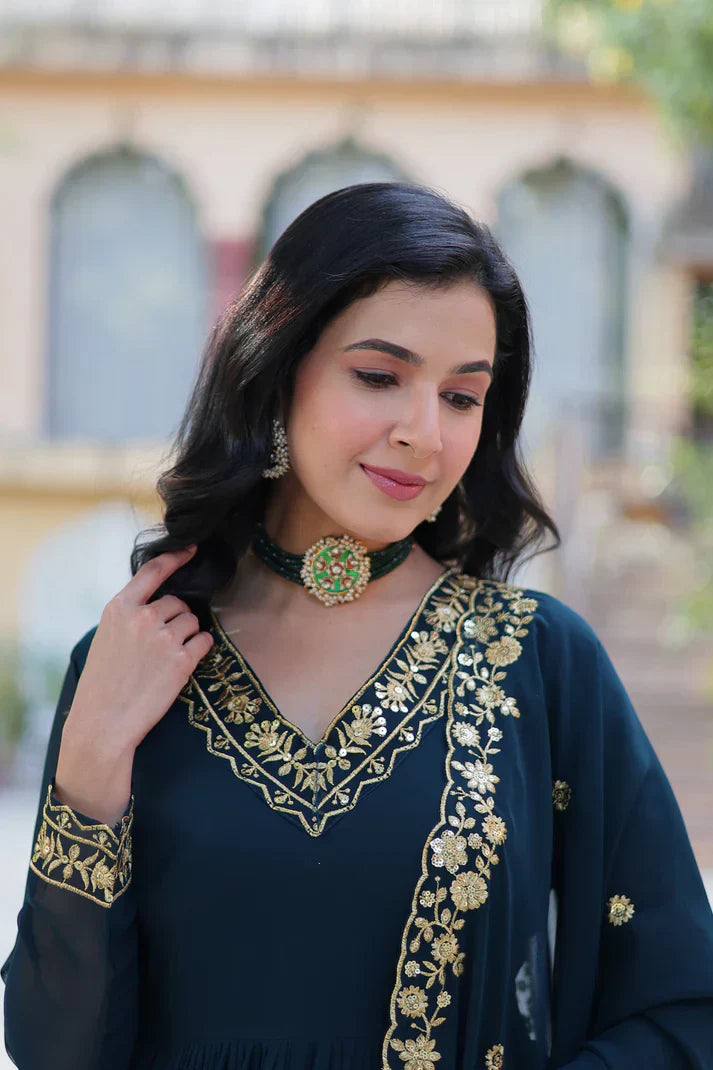 WEDDING SPECIAL FAUX BLOOMING GEORGETTE EMBROIDERED GOWN WITH DUPATTAPFAB159)