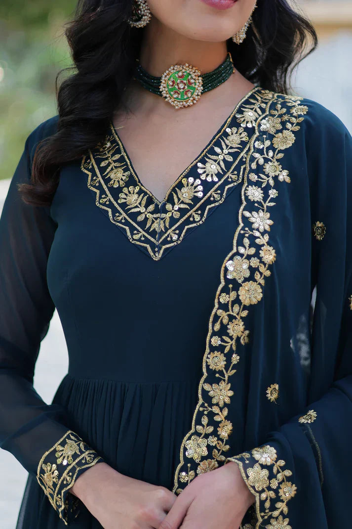 WEDDING SPECIAL FAUX BLOOMING GEORGETTE EMBROIDERED GOWN WITH DUPATTAPFAB1112)