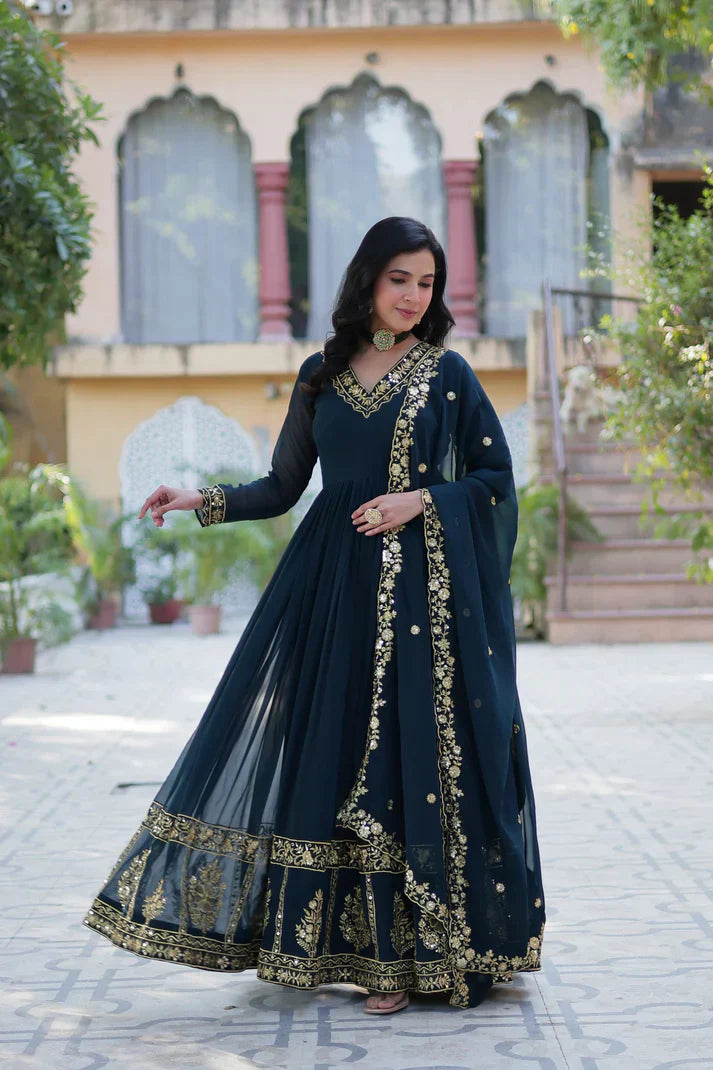 WEDDING SPECIAL FAUX BLOOMING GEORGETTE EMBROIDERED GOWN WITH DUPATTAPFAB159)