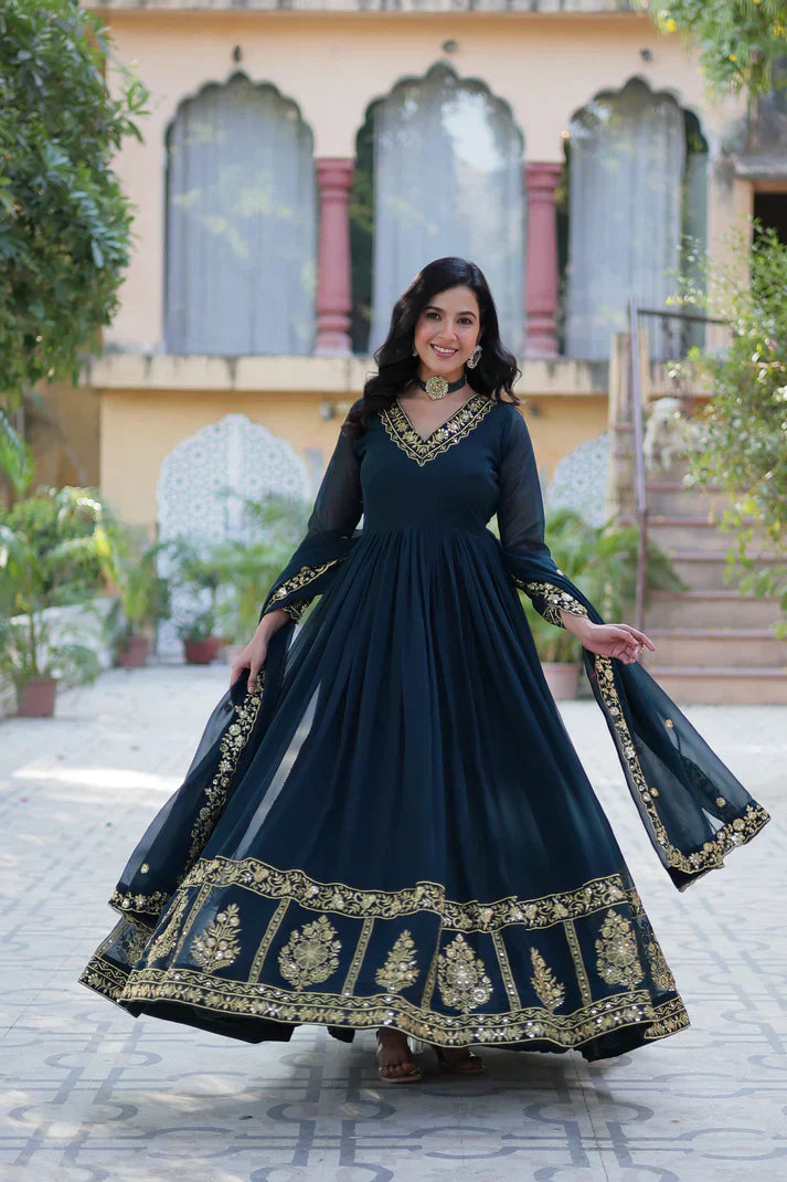 WEDDING SPECIAL FAUX BLOOMING GEORGETTE EMBROIDERED GOWN WITH DUPATTAPFAB159)