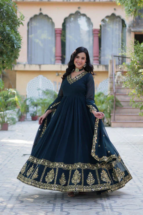 WEDDING SPECIAL FAUX BLOOMING GEORGETTE EMBROIDERED GOWN WITH DUPATTAPFAB1112)