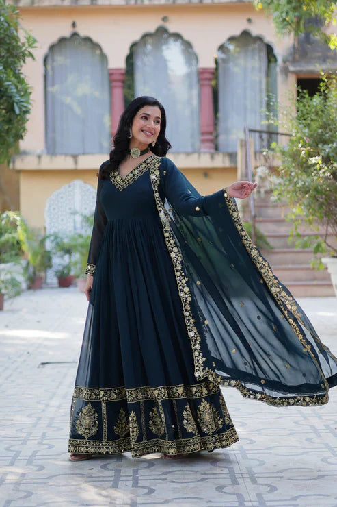 WEDDING SPECIAL FAUX BLOOMING GEORGETTE EMBROIDERED GOWN WITH DUPATTAPFAB1112)