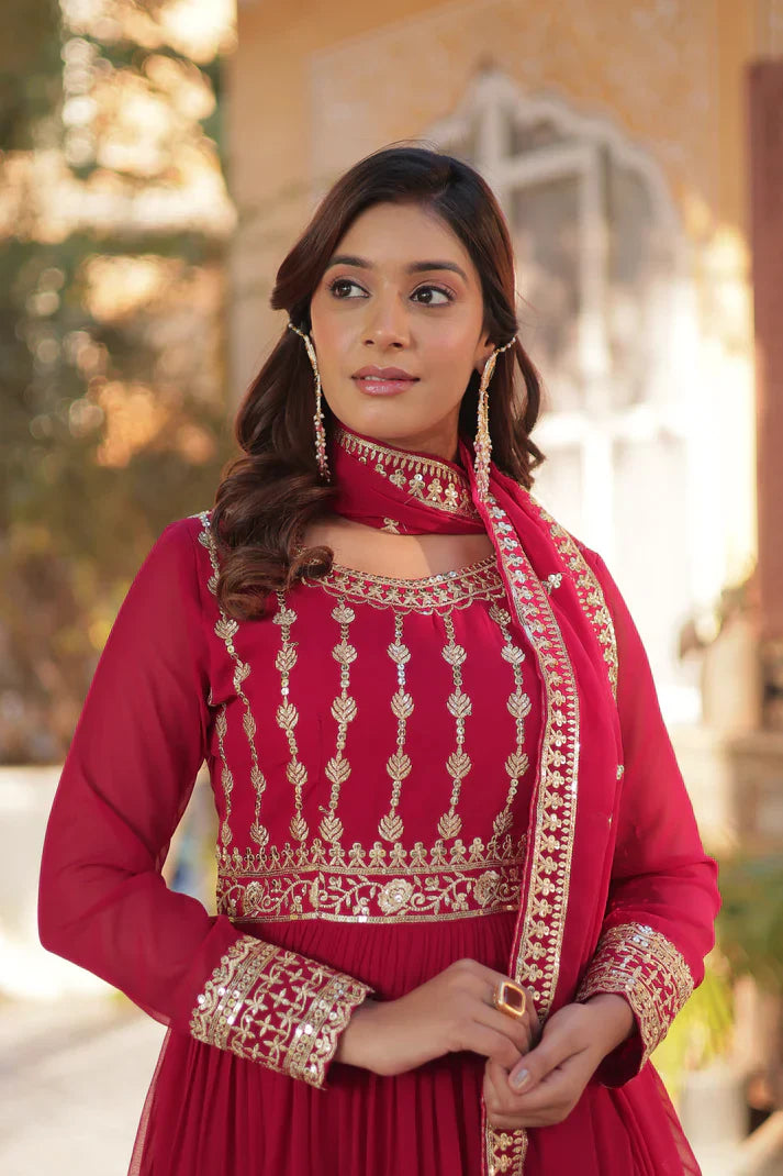 WEDDING SPECIAL GEORGETTE SEQUENCE EMBROIDERED GOWN WITH DUPATTA PFAB1107) (01)