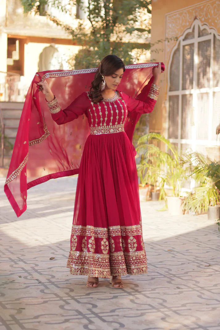 WEDDING SPECIAL GEORGETTE SEQUENCE EMBROIDERED GOWN WITH DUPATTA PFAB1107) (01)