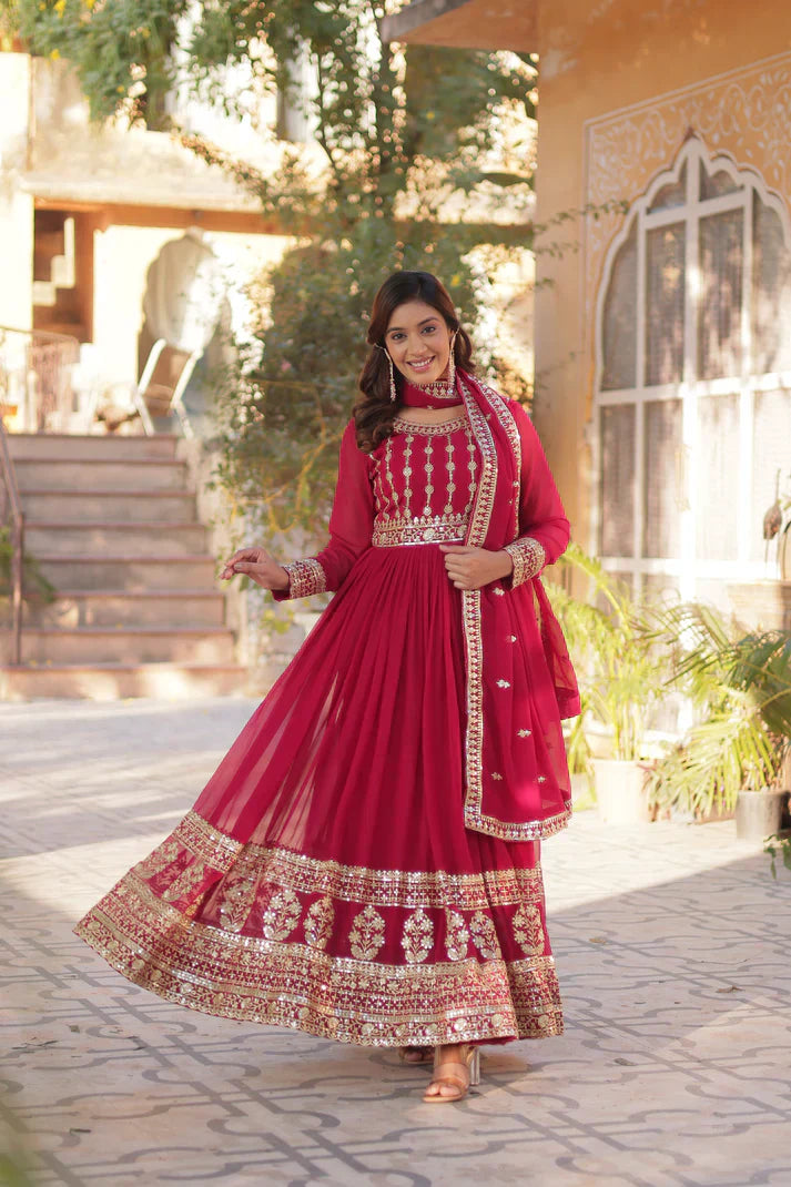 WEDDING SPECIAL GEORGETTE SEQUENCE EMBROIDERED GOWN WITH DUPATTA PFAB1107) (01)