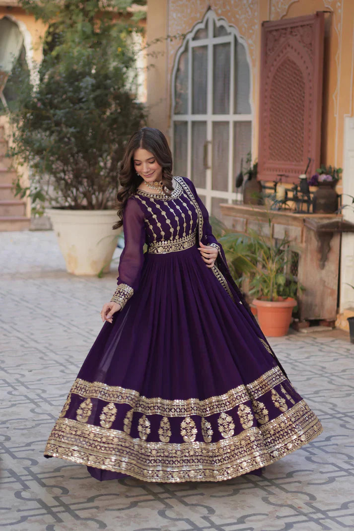 WEDDING SPECIAL GEORGETTE SEQUENCE EMBROIDERED GOWN WITH DUPATTA PFAB1107) (02)