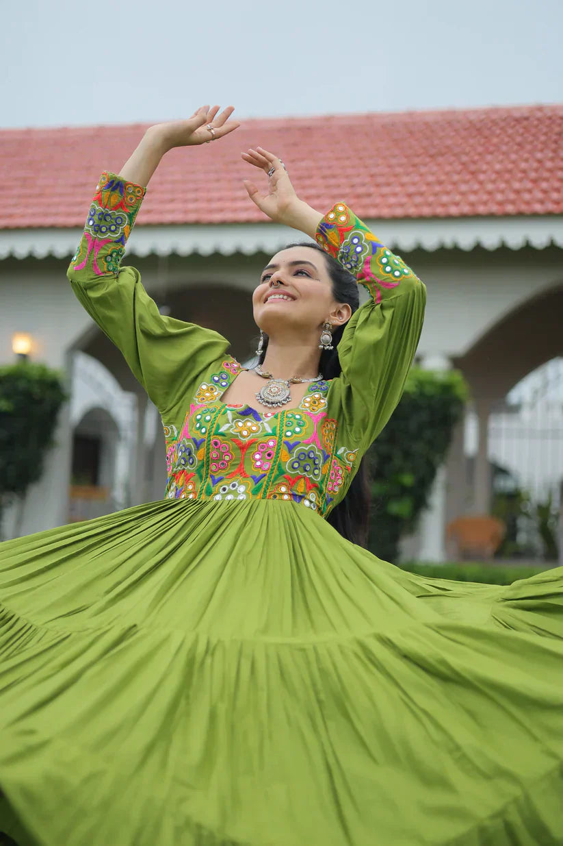 NAVRATRI SPECIAL GAMTHI KUTCHI WORK RAYON GOWN PFAB1182) 02