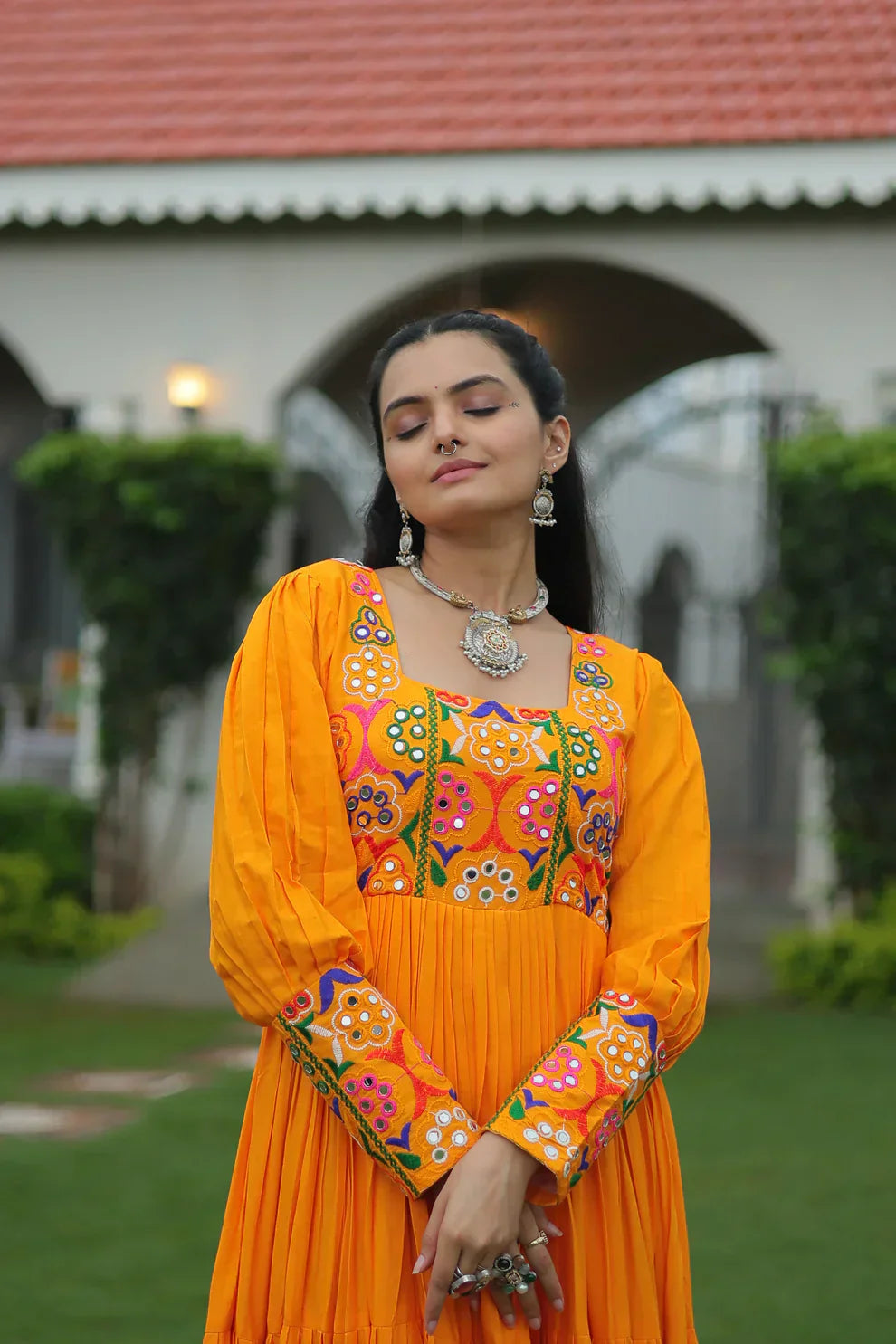 NAVRATRI SPECIAL GAMTHI KUTCHI WORK RAYON GOWN PFAB1182)