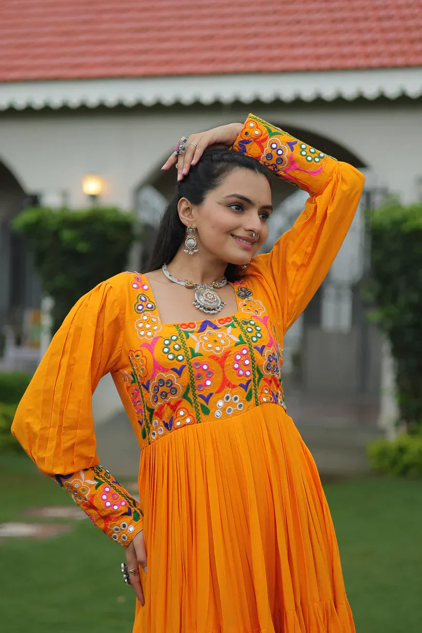 NAVRATRI SPECIAL GAMTHI KUTCHI WORK RAYON GOWN PFAB1182)