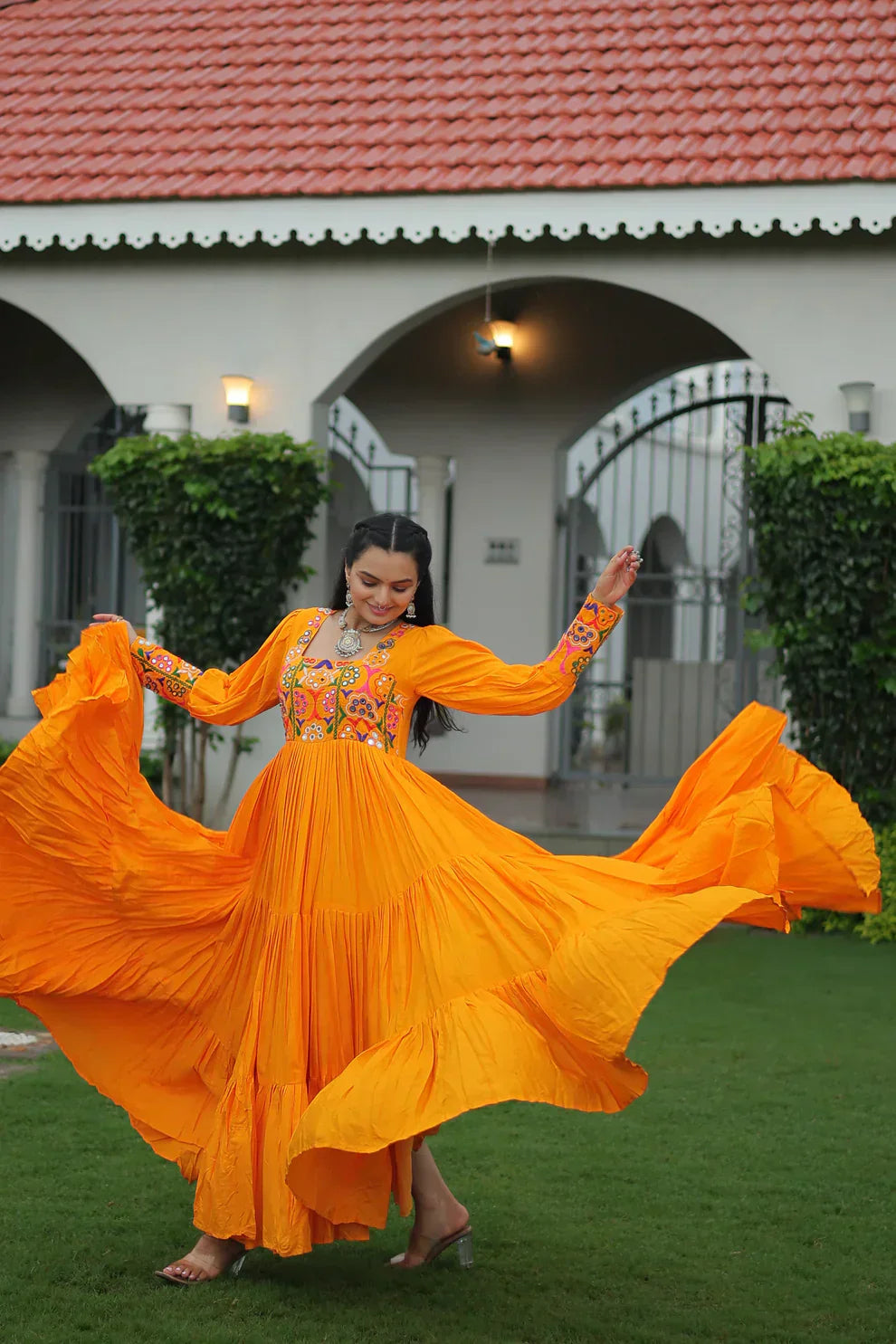 NAVRATRI SPECIAL GAMTHI KUTCHI WORK RAYON GOWN PFAB1182)