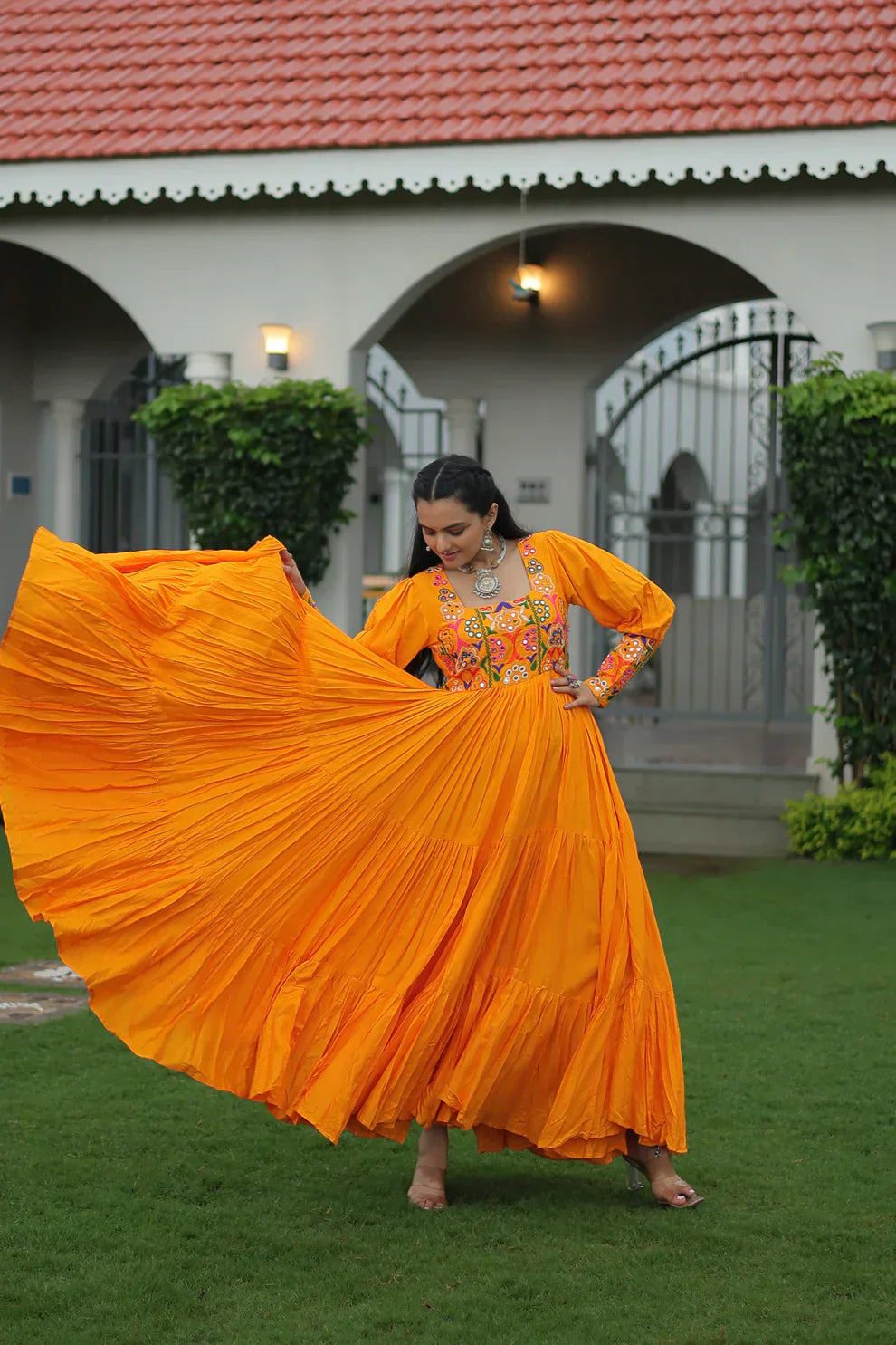 NAVRATRI SPECIAL GAMTHI KUTCHI WORK RAYON GOWN PFAB1182)