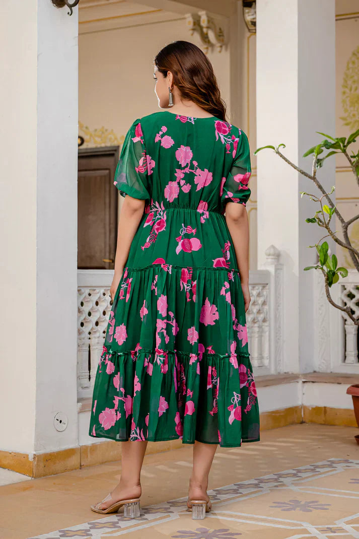 GREEN FAUX GEORGETTE FLORAL PRINT FLAIRED DRESSPFAB170)