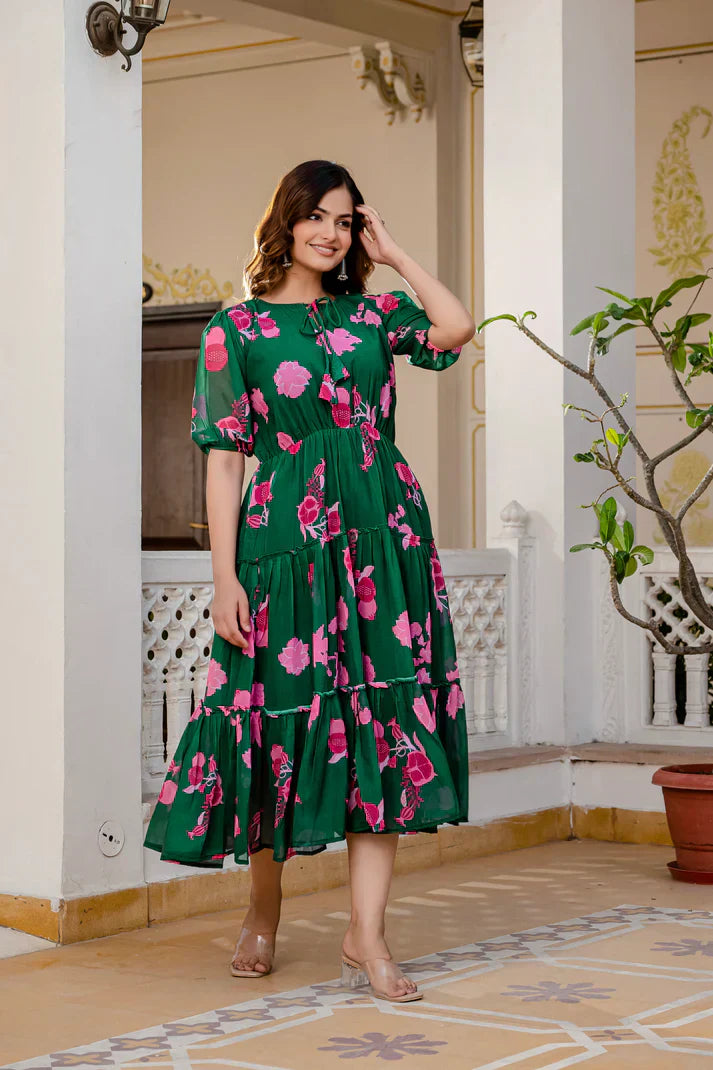 GREEN FAUX GEORGETTE FLORAL PRINT FLAIRED DRESSPFAB170)