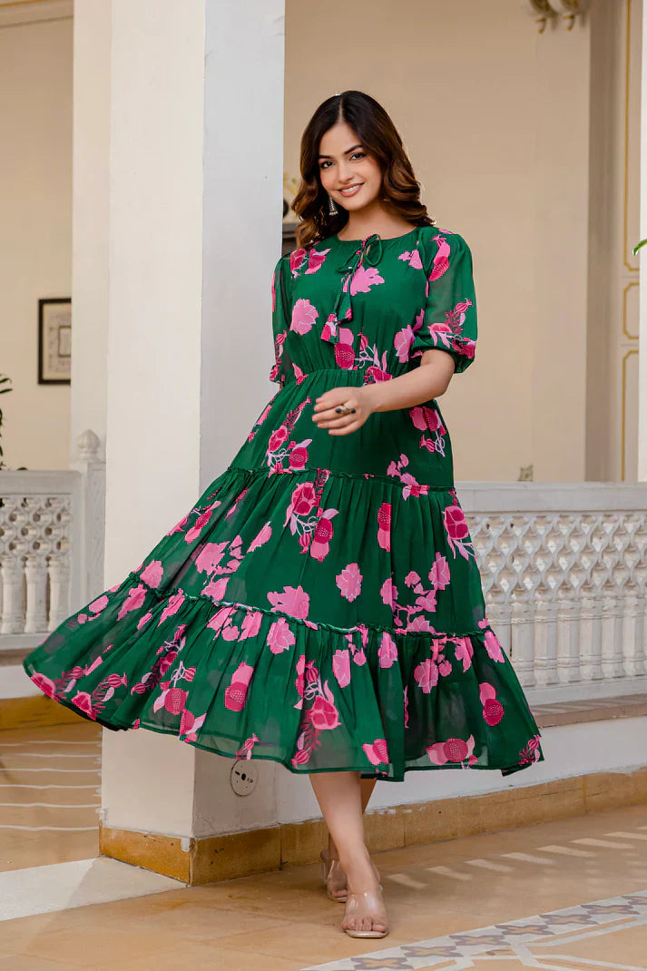 GREEN FAUX GEORGETTE FLORAL PRINT FLAIRED DRESSPFAB170)