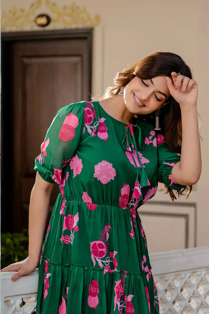 GREEN FAUX GEORGETTE FLORAL PRINT FLAIRED DRESSPFAB170)