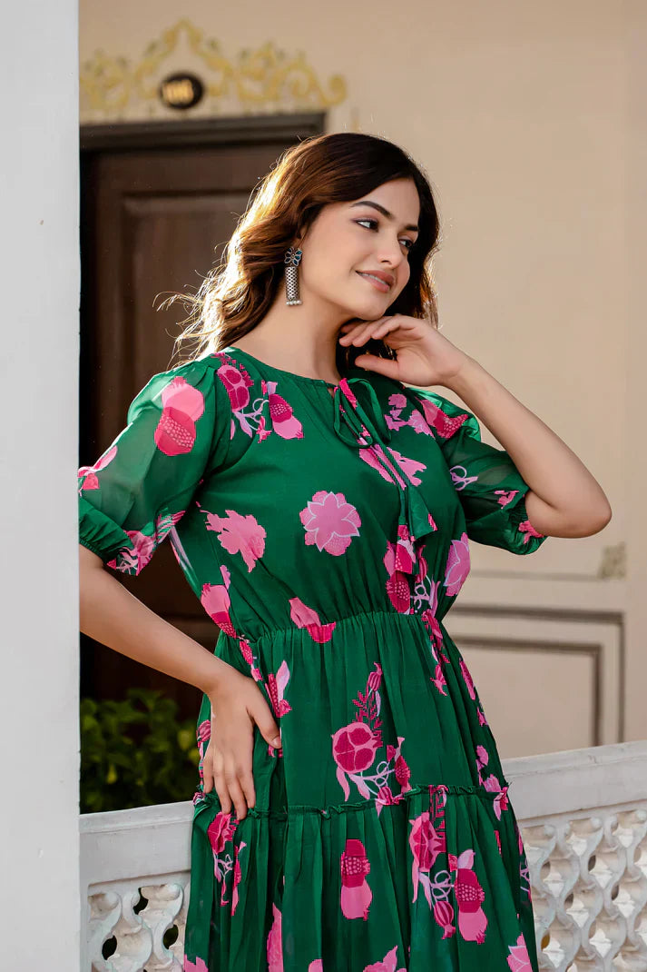 GREEN FAUX GEORGETTE FLORAL PRINT FLAIRED DRESSPFAB170)