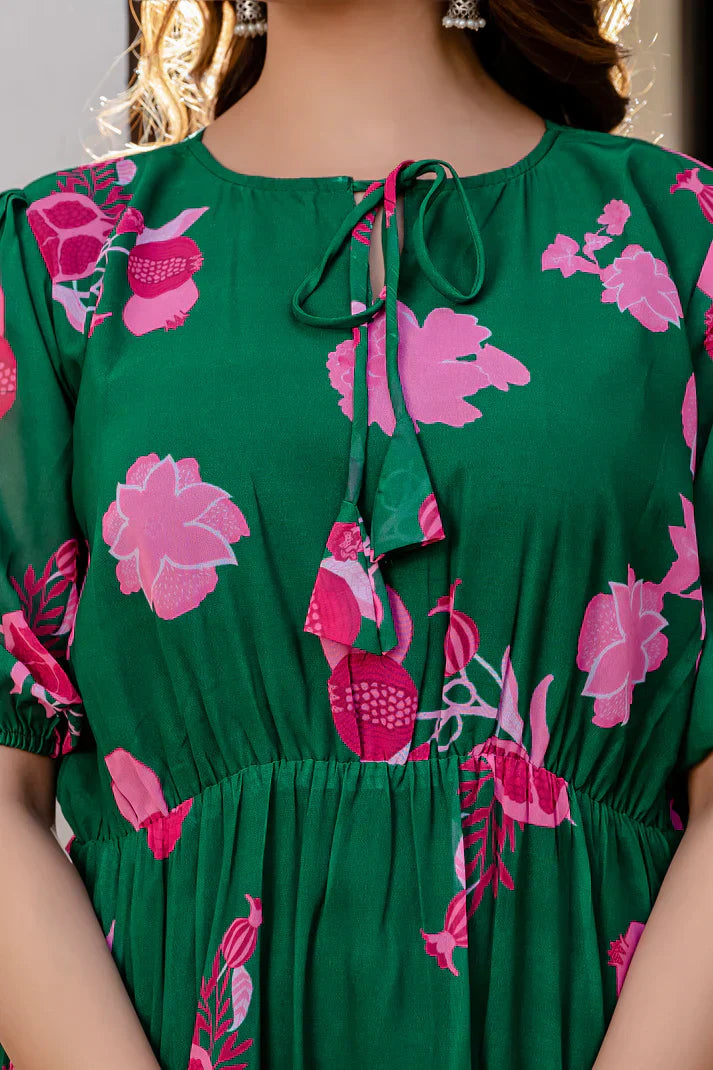 GREEN FAUX GEORGETTE FLORAL PRINT FLAIRED DRESSPFAB170)