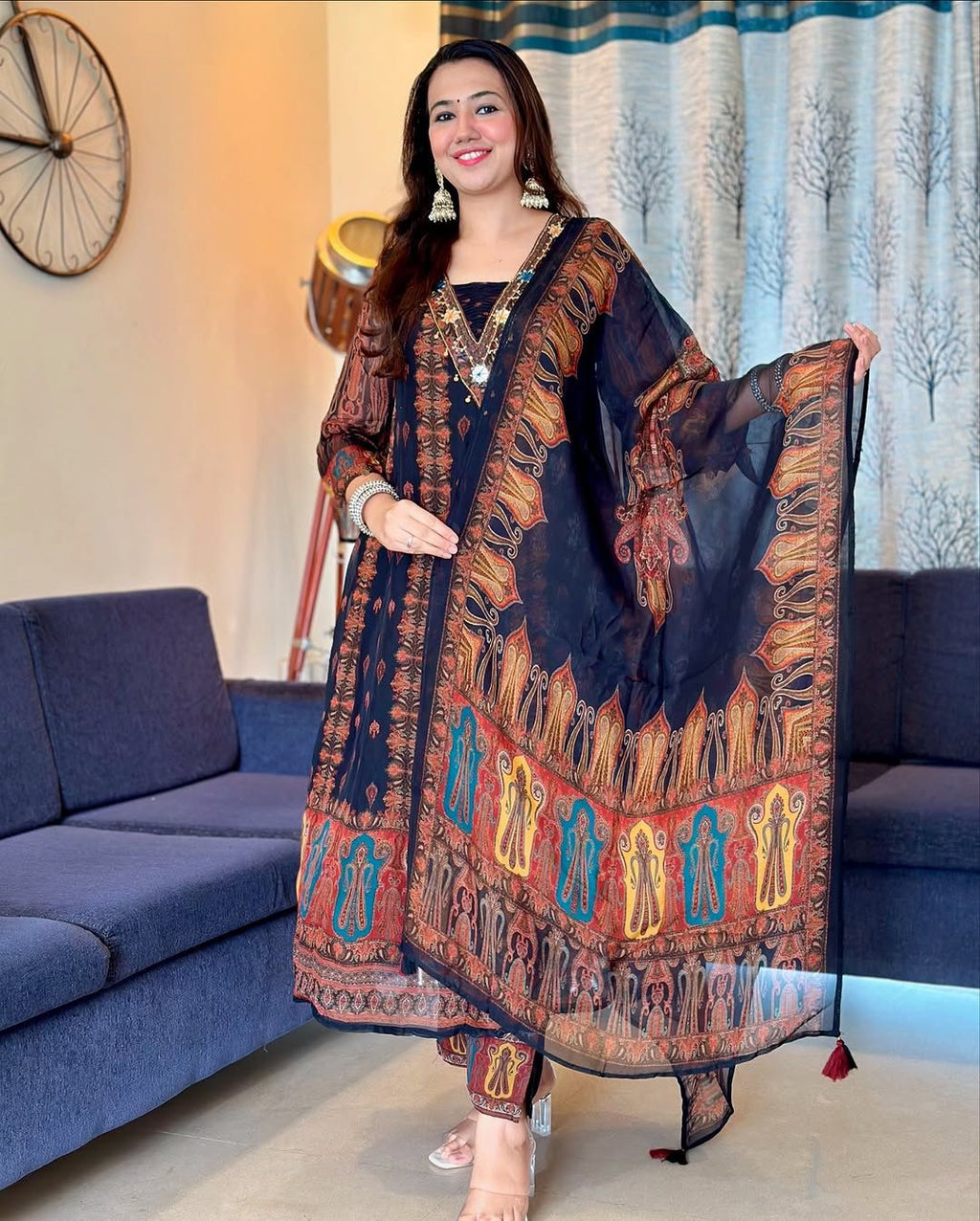 Beautiful pure premium chiffon digital printed Anarkali set with handwork on neck it has attached lining paired up with santoon slik pant and Organza digital printed dupatta sets(PFAB123)