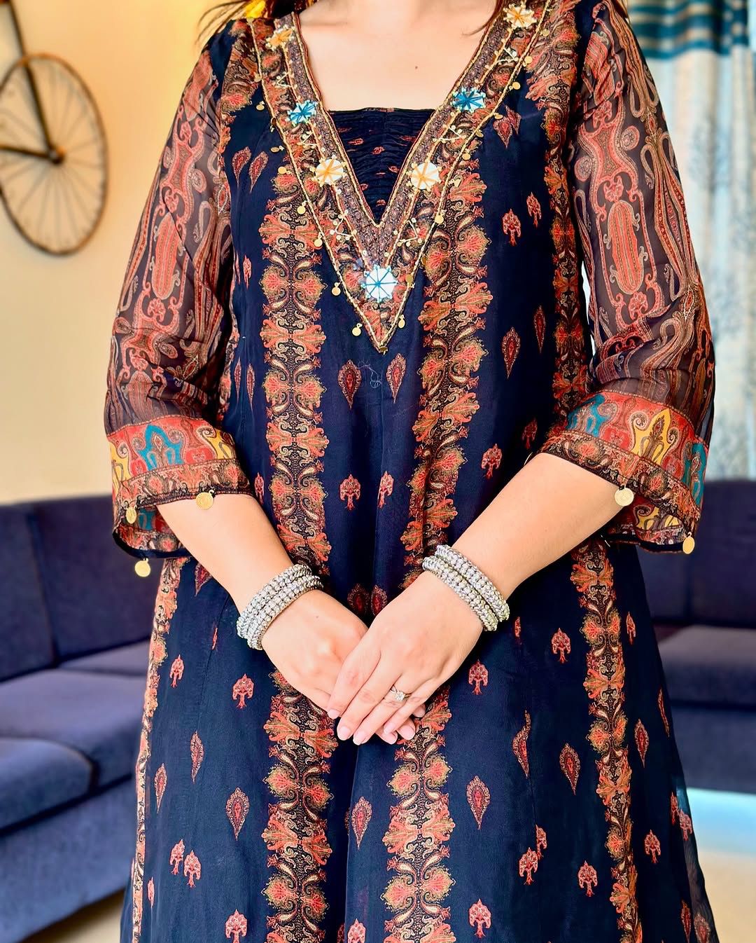 Beautiful pure premium chiffon digital printed Anarkali set with handwork on neck it has attached lining paired up with santoon slik pant and Organza digital printed dupatta sets(PFAB123)