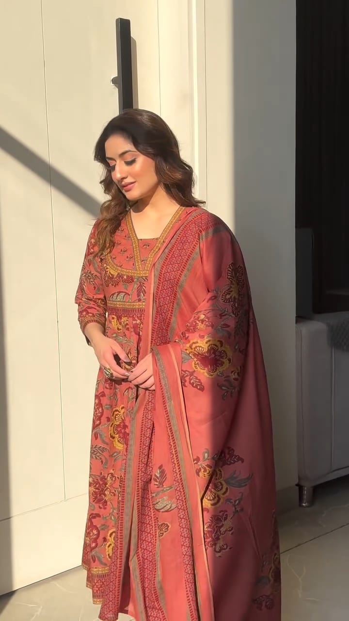 Premium cotton Anarkali suit set with hand work detailing on yoke paired with matching pant and full dupatta.(PFAB160)