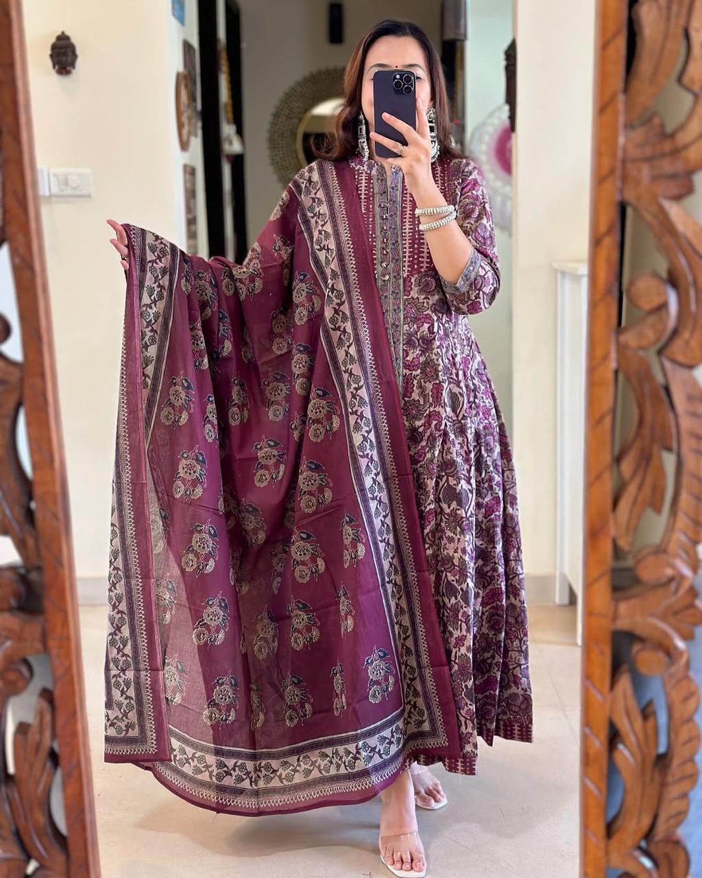 New Full Cotton Print Hand Work Anarkali Kurti Pant With Malmal Dupatta (PFAB114)