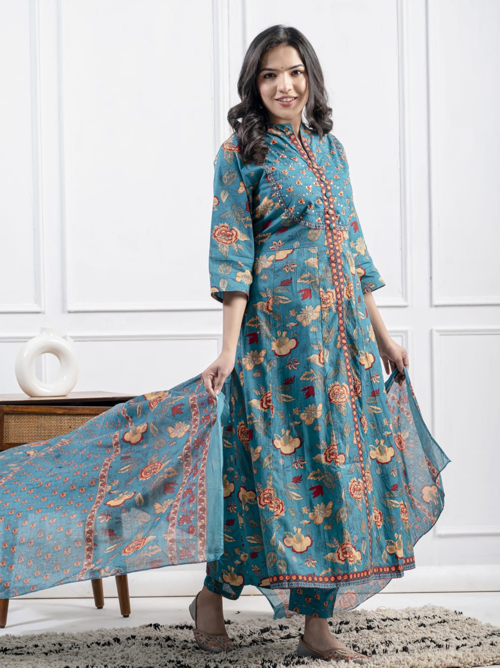 New Cotton Festival Collection In Pure Cotton With Hand And Adda mirror Work kurti And pant Dupatta Set (PFAB1410)