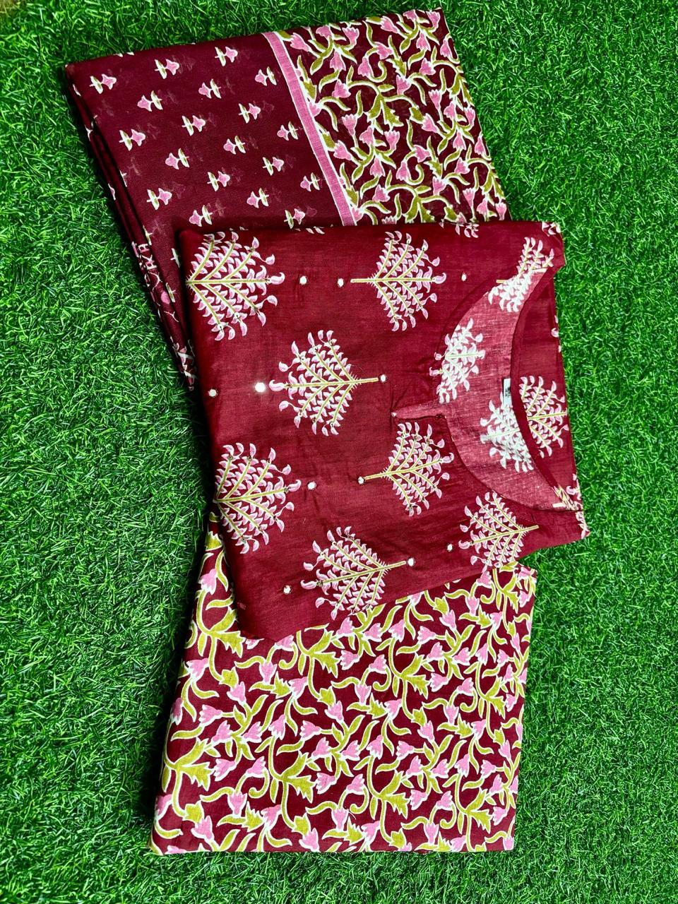 🌹🌹Pure fine Cotton fabric &nbsp; Kurti with Pant with cotton 100-100 Dupatta🌹🌹Havy sequence hand Adda work on yoke