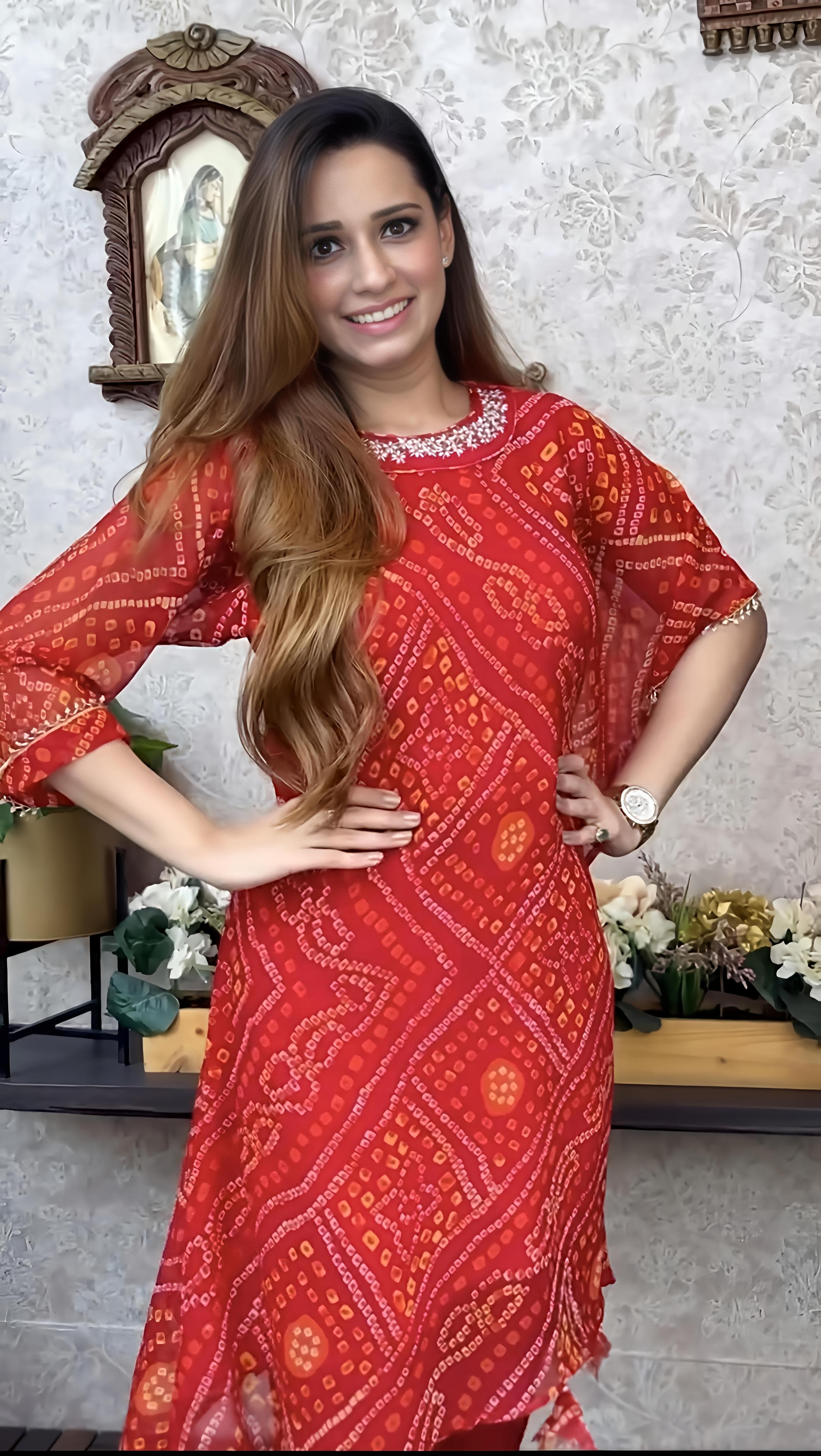 Export Chinnon Premium Bhandej Hand Work Kaftan Pattern Kurti With Premium Pant At Manufacturing Rate (PFAB1126)01