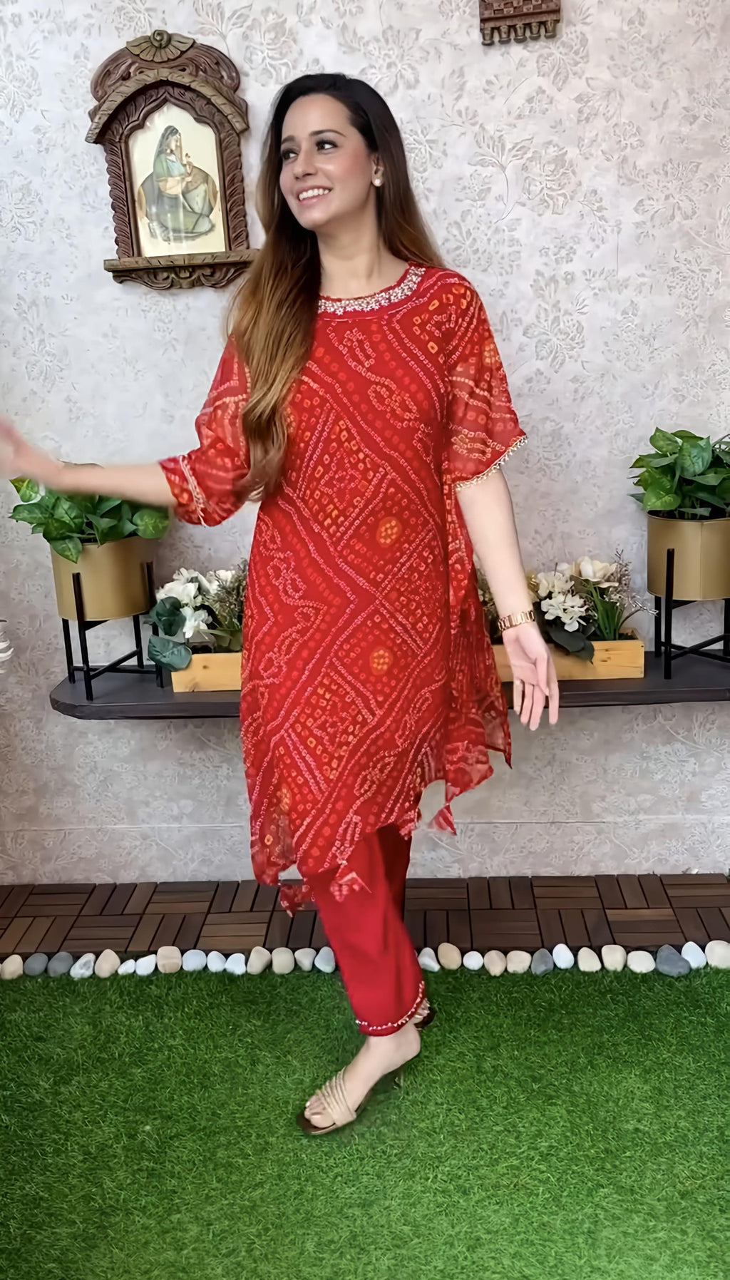 Export Chinnon Premium Bhandej Hand Work Kaftan Pattern Kurti With Premium Pant At Manufacturing Rate (PFAB1126)01