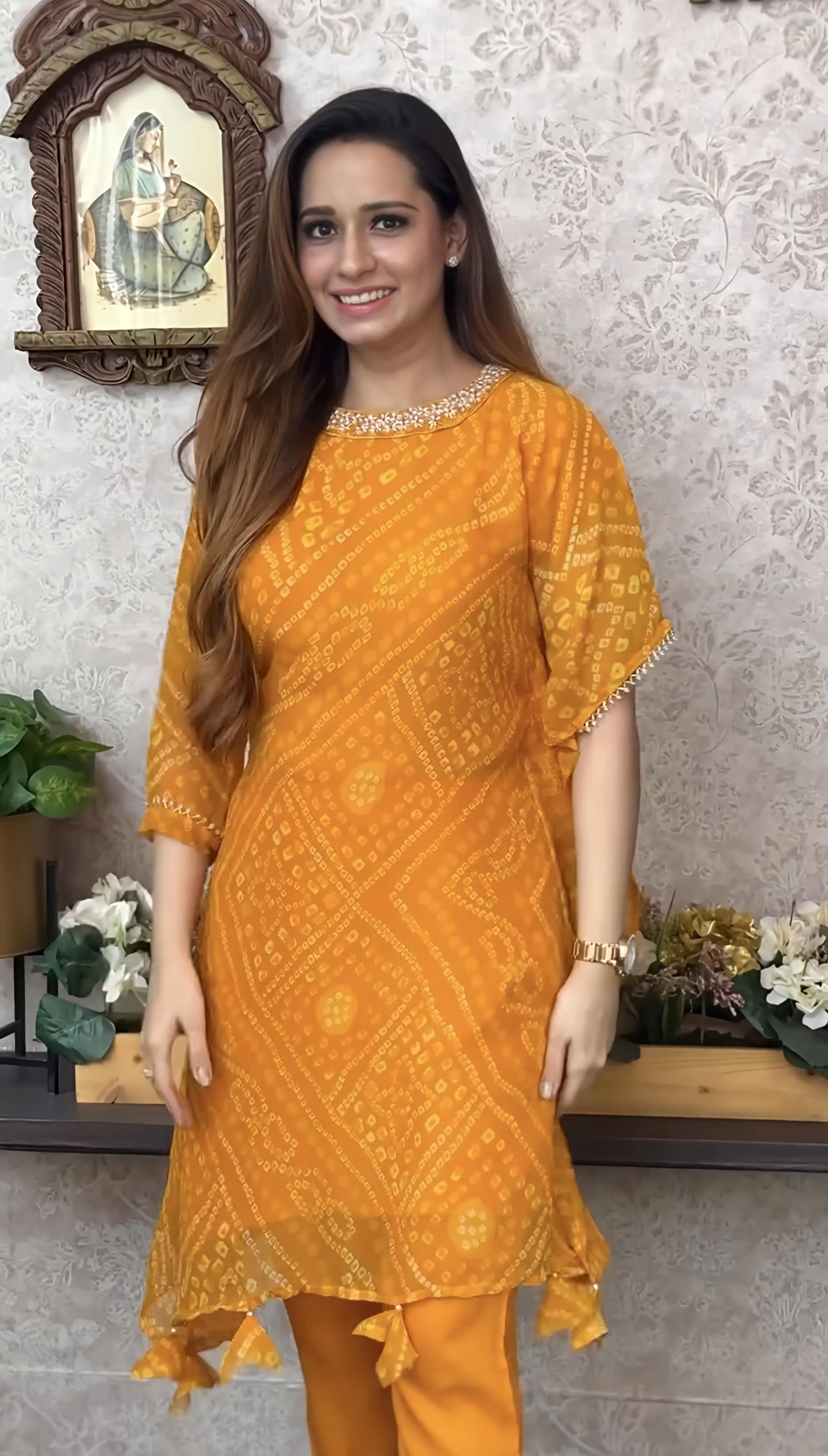 Export Chinnon Premium Bhandej Hand Work Kaftan Pattern Kurti With Premium Pant At Manufacturing Rate (PFAB1126)01
