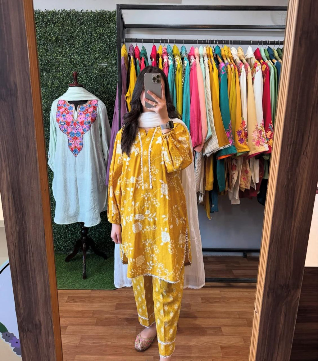 frock style kurti with pattern pant (PFAB1476)