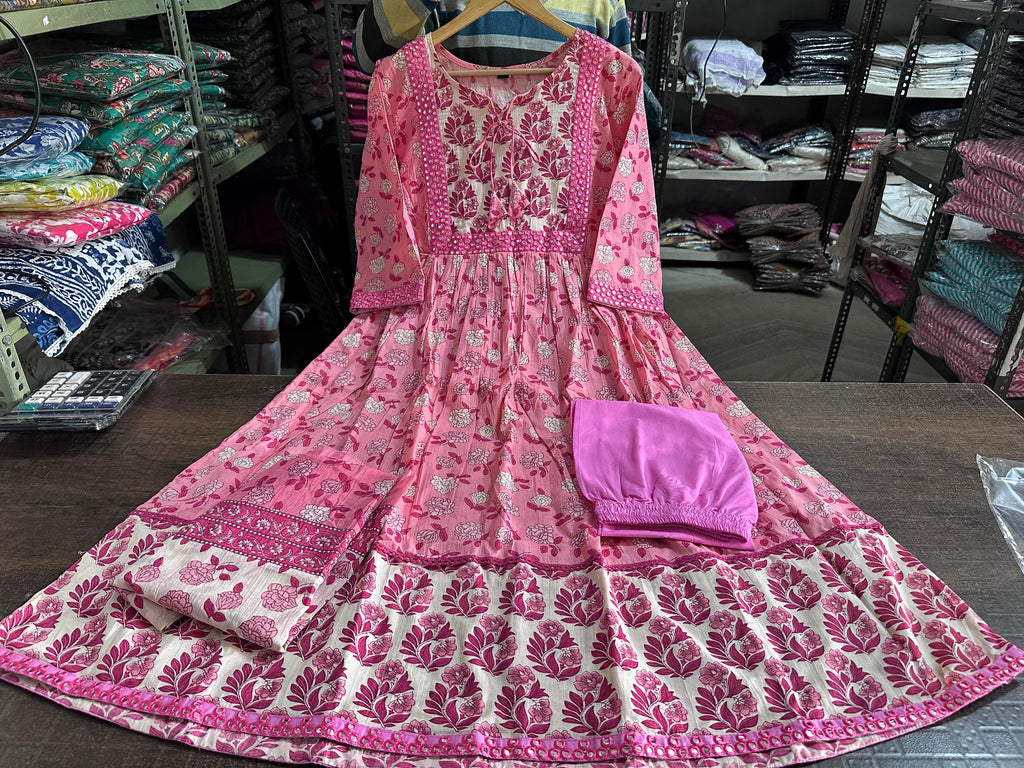 Beautiful Heavy quality cotton Fabric designer festive wear frock style kurti with pattern pant with mirror work(PFAB1465)