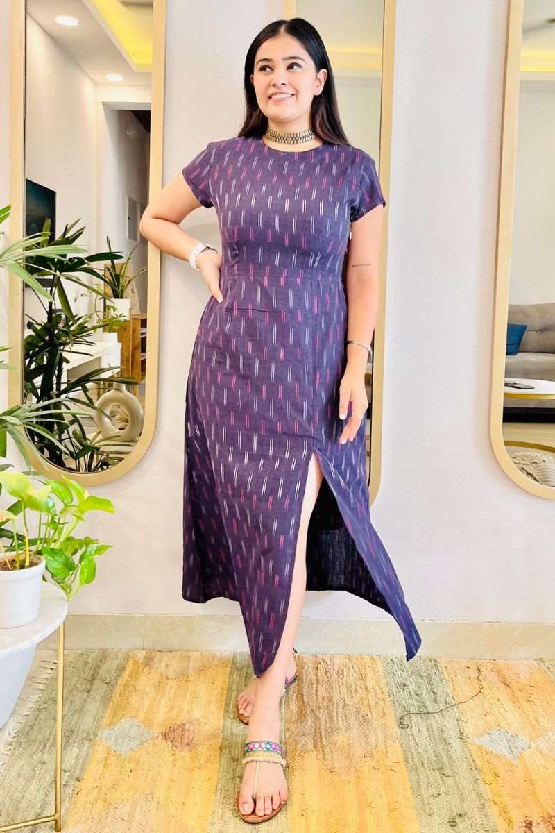 AUBERGINE IKAT SLIT DRESS - salesmania