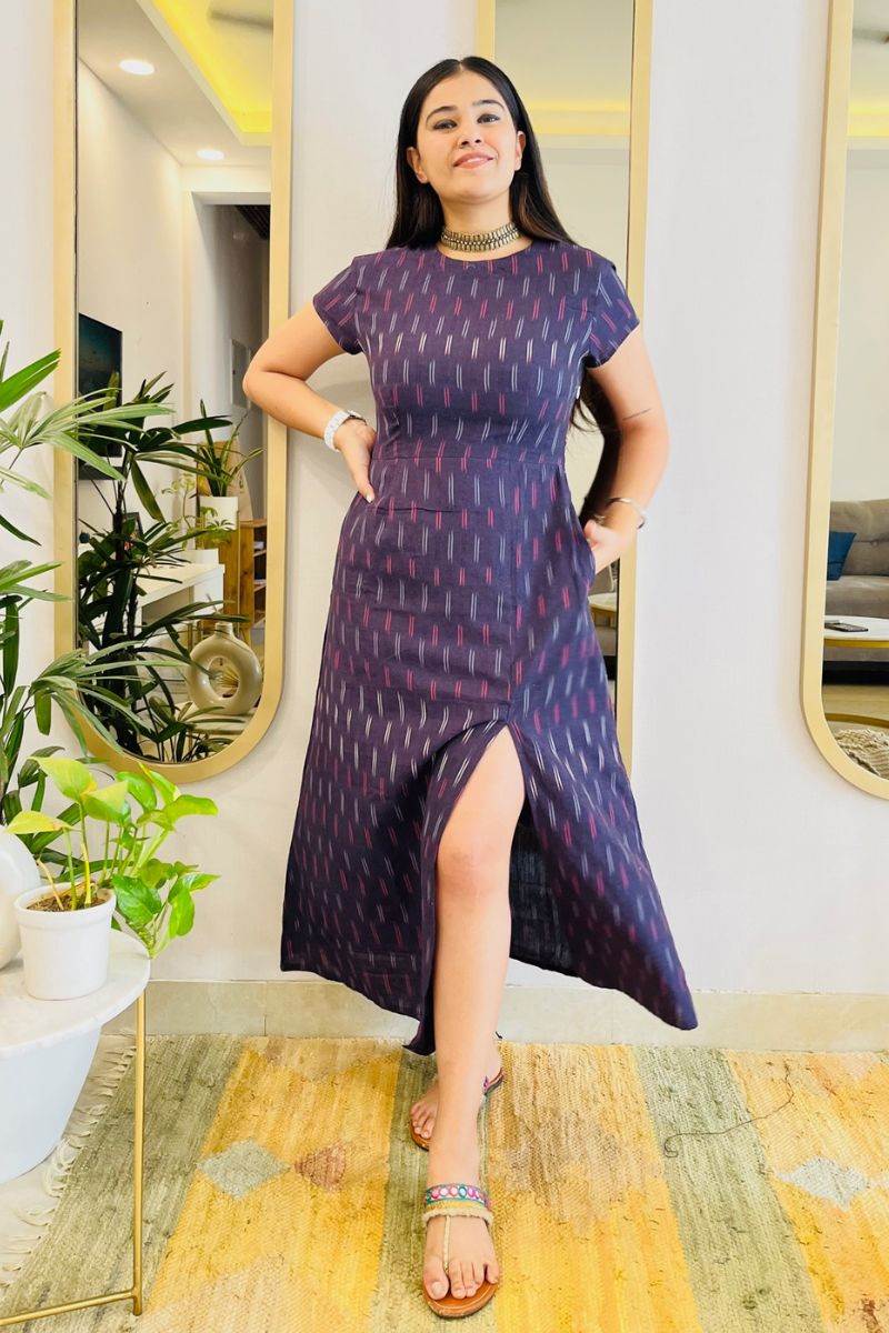 AUBERGINE IKAT SLIT DRESS - salesmania