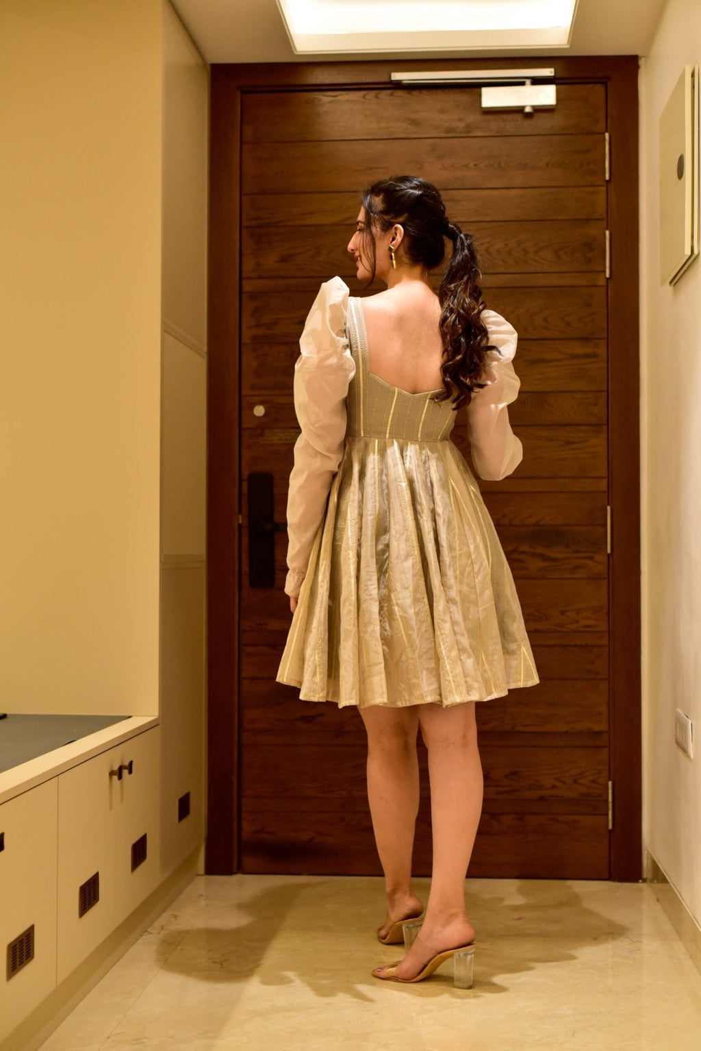 beige shimmer chanderi dress - salesmania