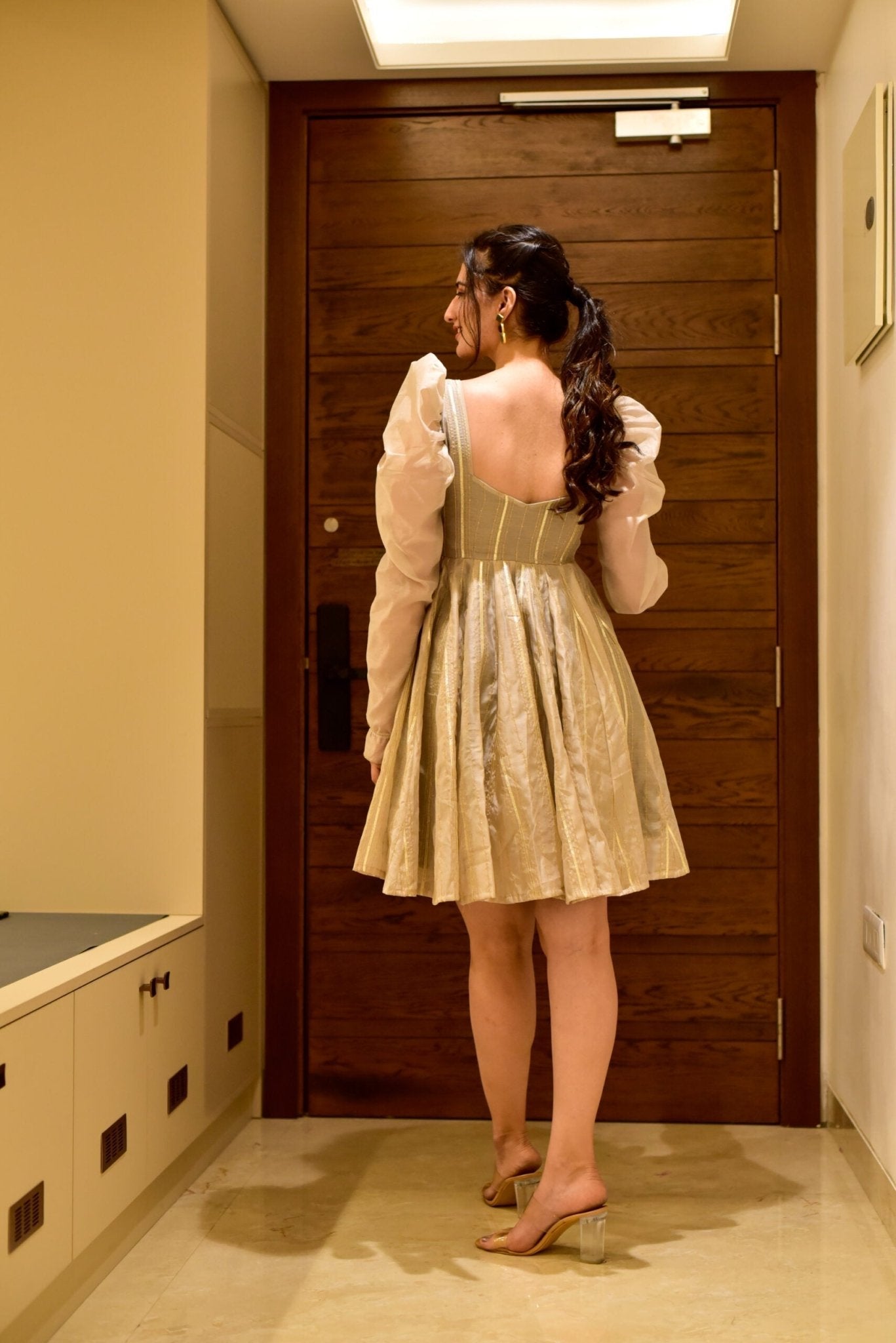 beige shimmer chanderi dress - salesmania