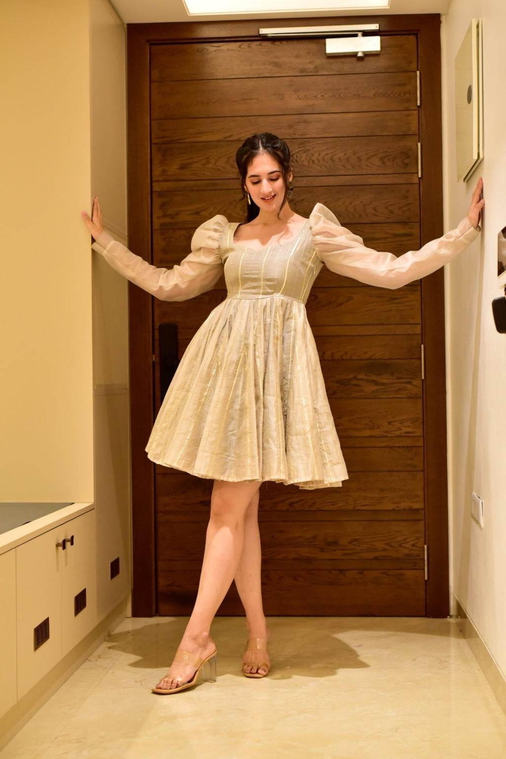 beige shimmer chanderi dress - salesmania