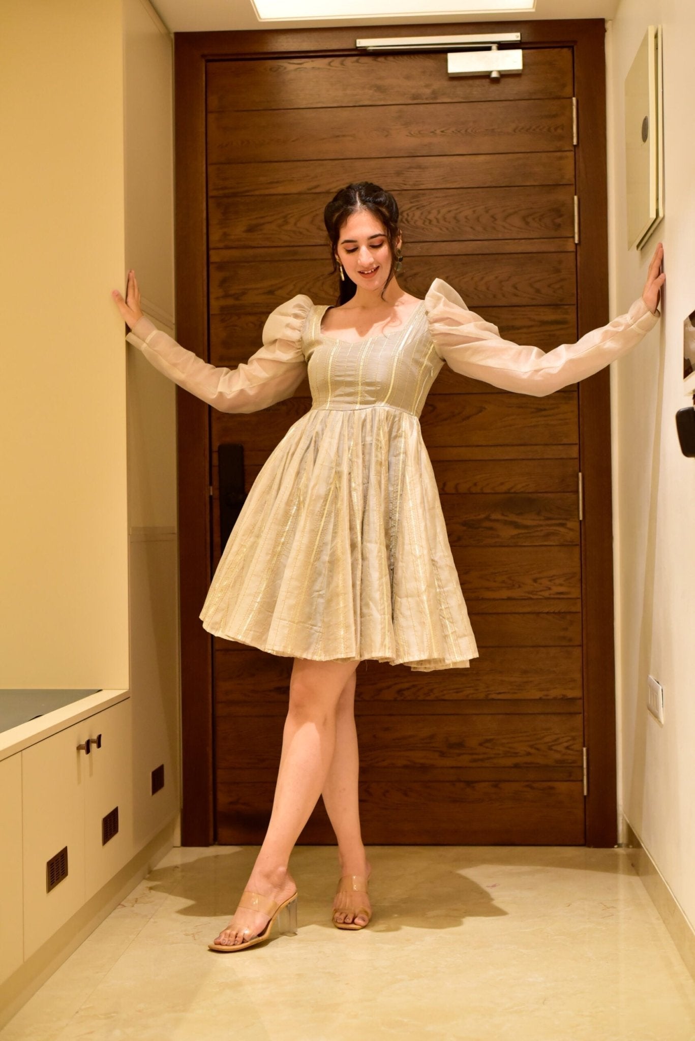 beige shimmer chanderi dress - salesmania