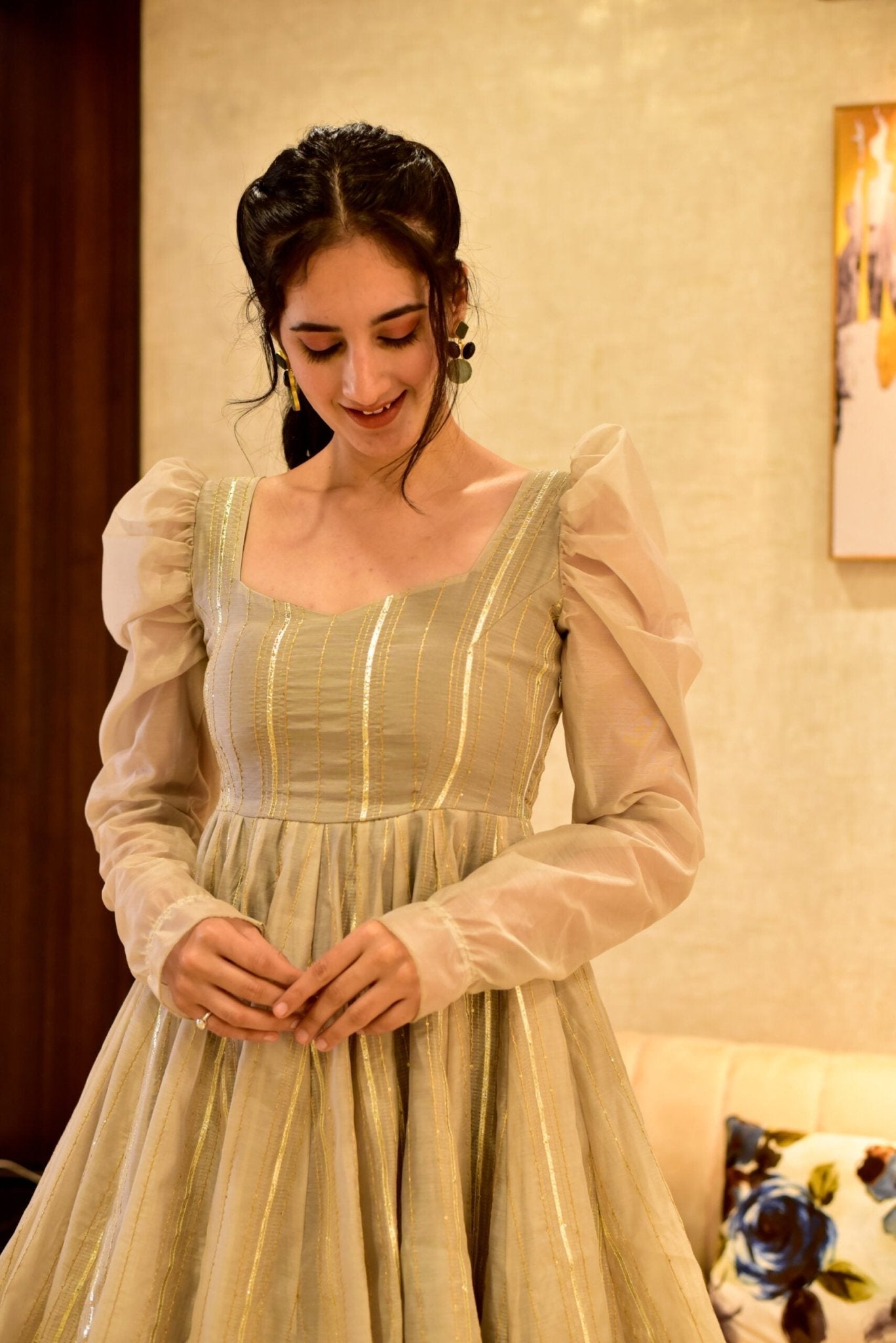 beige shimmer chanderi dress - salesmania