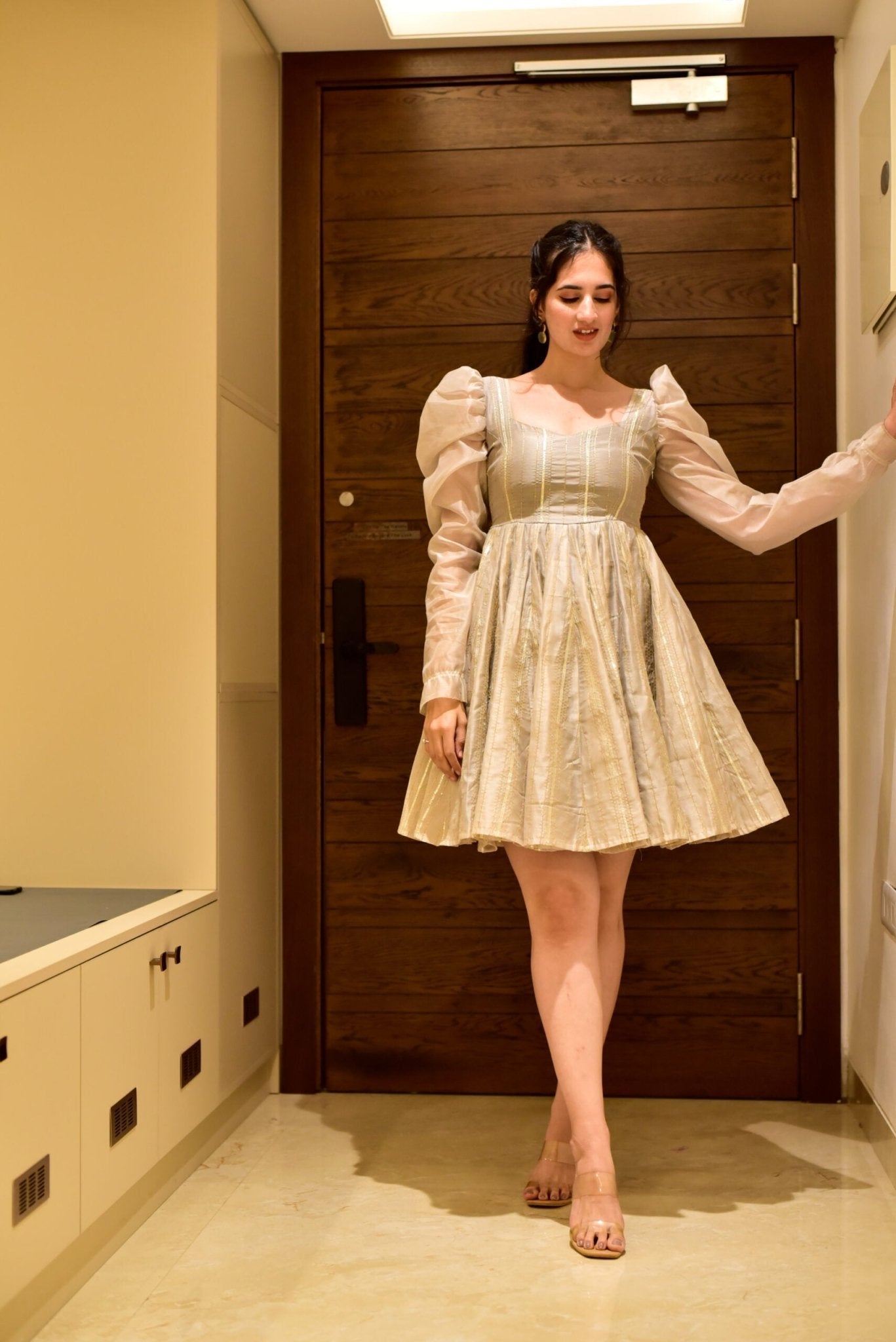 beige shimmer chanderi dress - salesmania